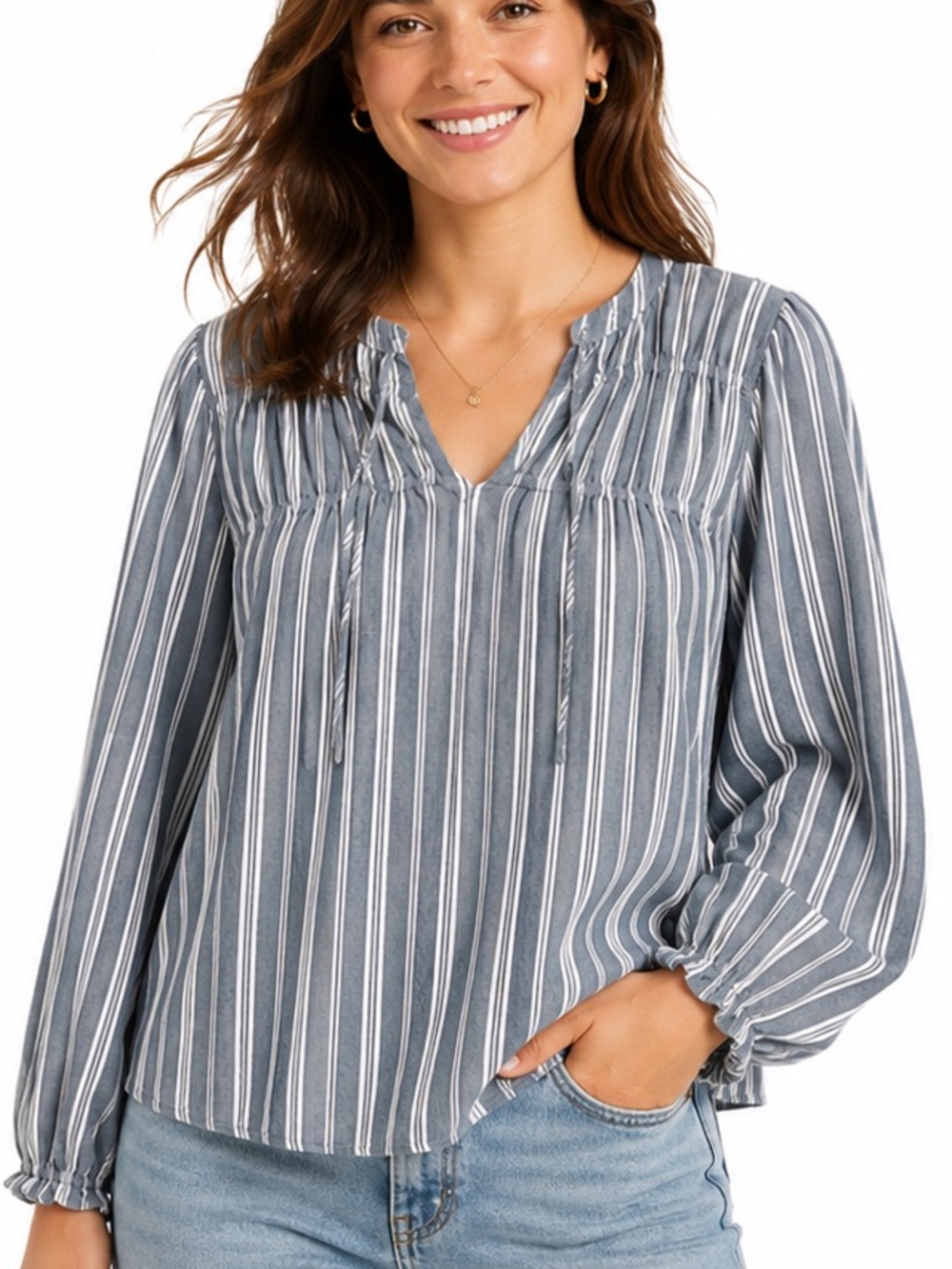Old Navy Poet Blouse Crinkle Smocked Blue Stripe Boho Coastal Artsy Oversized XL